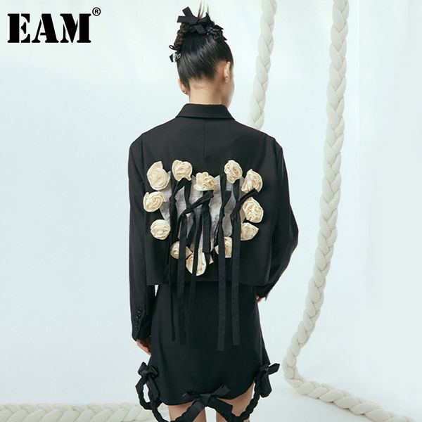 

[eam] women black pocket floral bow big size blazer lapel long sleeve loose fit jacket fashion spring autumn 1dd6226 21512, White;black