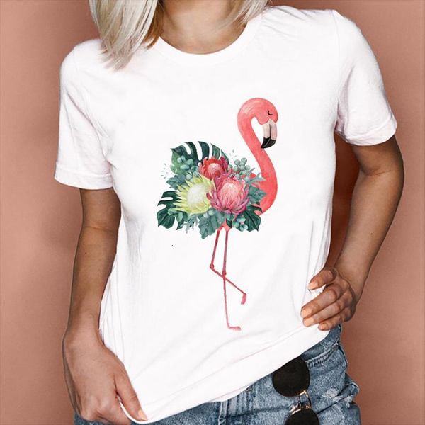 

graphic floral flamingo animal cartoon womens t shirt cute 90s clothing summer spring lady clothes tees print female, White
