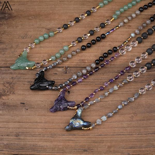 

natural stone craved wolf head pendant 8mm black lava white quartz beads handmade knot necklace healing jewelry 32 inch long chains, Silver