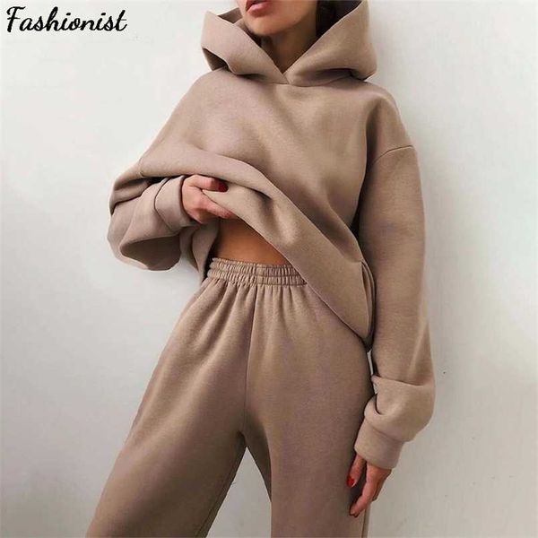 

women elegant solid sets for women warm hoodie sweatshirts and long pant fashion two piece sets ladies 211007, White