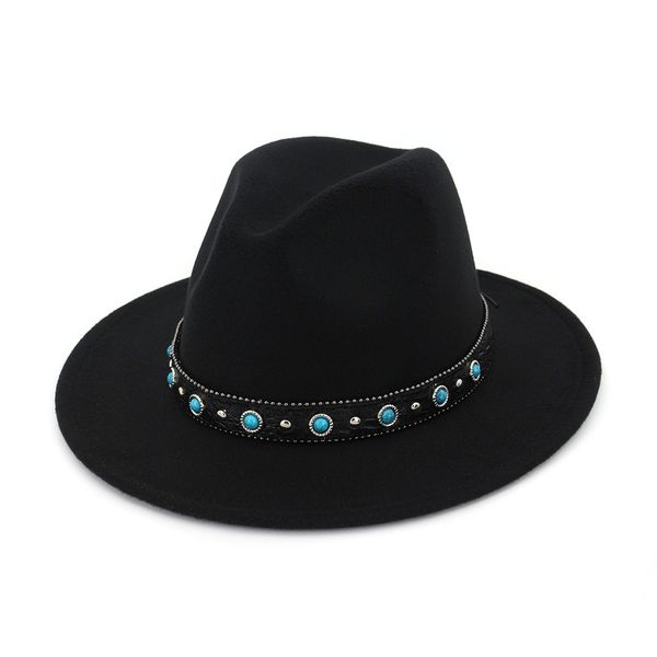 

2019 new style felt hat men fedora hats with agate leather belt women vintage trilby caps warm jazz hat church panama hat, Blue;gray