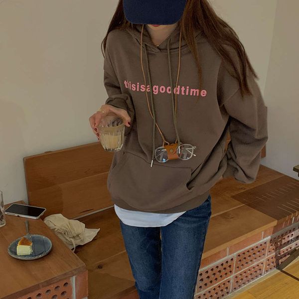 

huang zheng letter printed hooded sweater women's autumn korean loose casual long sleeve coat w88953, Black