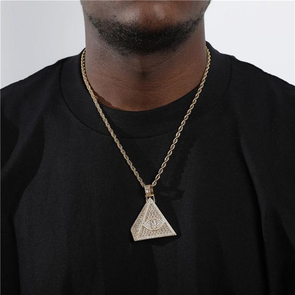 

pendant necklaces hip hop bling iced out cubic zirconia stone triangle eye pyramid & pendants men with 4mm tennis chain charm jewelry, Silver