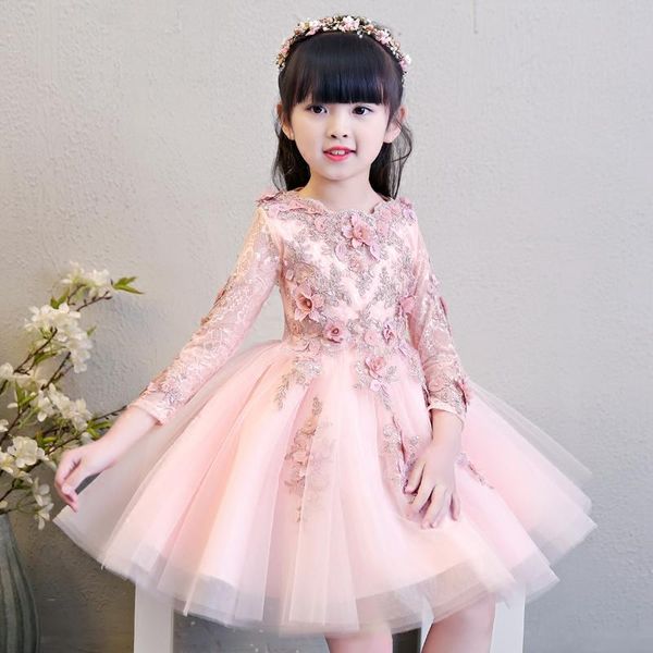 

girl's dresses glizt girls pink wedding long sleeve bead appliques lace party princess birthday dress first communion gown flower girl, Red;yellow