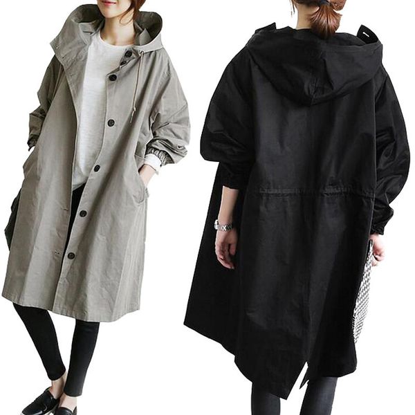 

women's trench coats solid color casual hooded collar loose pockets jacket autumn winter adjustable waist oversize simple 91i9, Tan;black