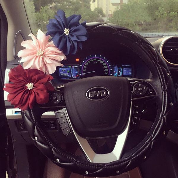 

steering wheel covers cute crystal flowers auto car cover leather rhinestone general anti-slip steering-wheel for women girls