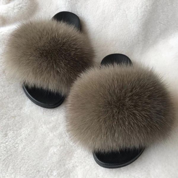 

sandals women's slippers fox skin slide fur flat sandals lovely plush home shoes luxury zjfw, Black