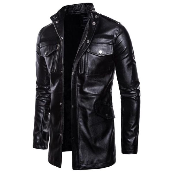 

men's fur & faux mid long leather jacket men spring autumn motorcycle biker jackets coats male windbreaker black outwear 2021