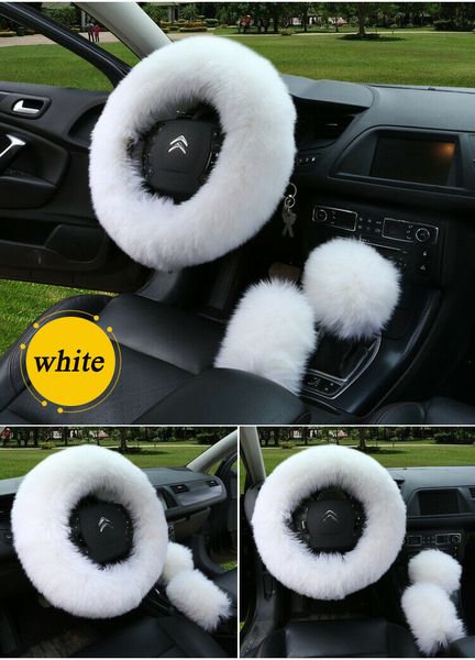 

real australian wool white car accessory furry steering wheel plush cover 3pcs