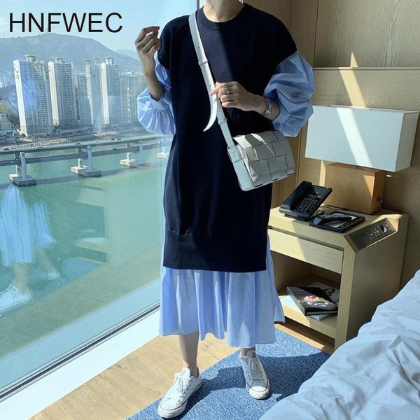 

casual dresses vintage patchwork striped women dress o neck puff sleeve midi loose female fashion clothes 2021 fall k648, Black;gray