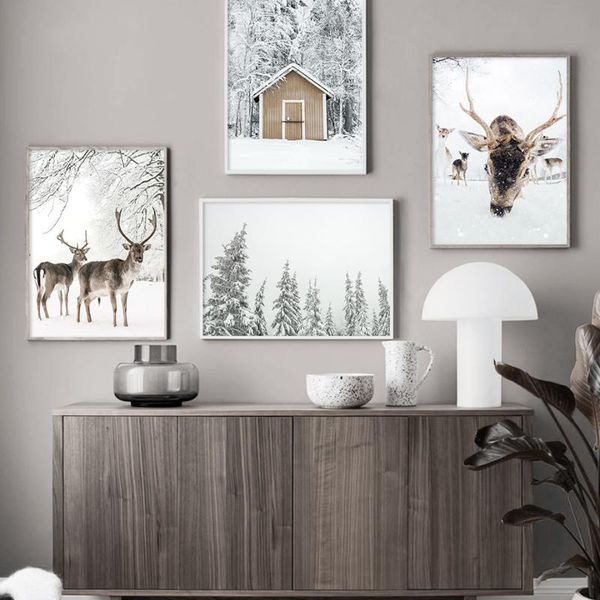 

paintings winter snow house deer forest landscape wall art canvas painting nordic posters and prints pictures for living room decor