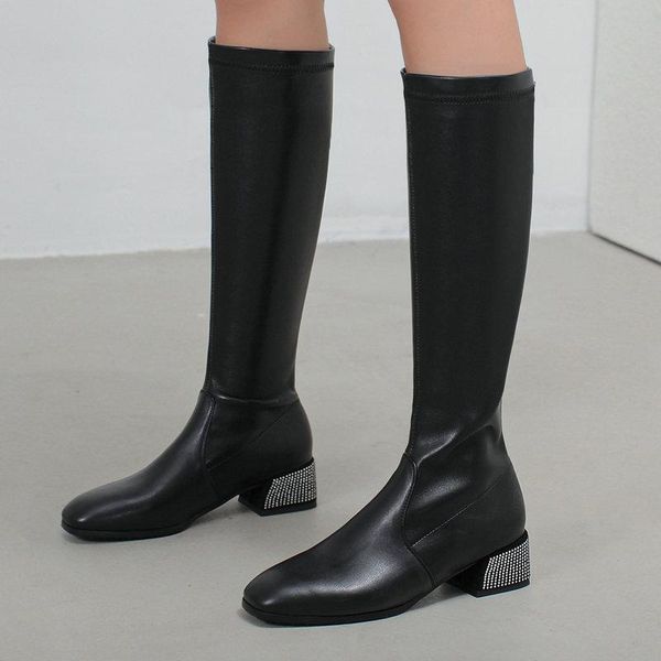 

boots 2021 knee high women crystal med heels shoes autumn winter square toe concise long big size 34-43, Black