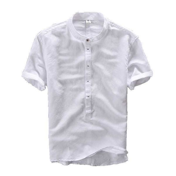 Camisetas Homens Manga Curta Algodão Linho Casual Tops Mandarim Collar Cor Sólida Tees Masculino Vestuário de Verão Harajuku 210601