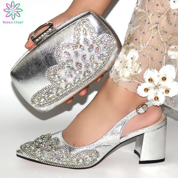 

dress shoes arrival silver color italian with matching bags set for party women rhinestone sandals, Black