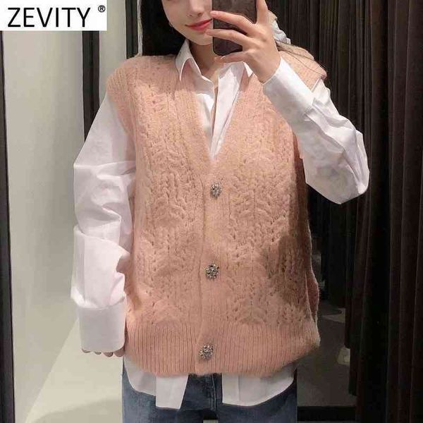 

zevity 2021 women fashion v neck hollow out crochet knitting sweater lady diamond button sleeveless vest chic cardigan s610, White;black