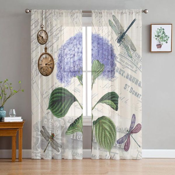 

curtain & drapes purple flower dragonfly vintage clock retro tulle window treatment sheer curtains for living room the bedroom decoration