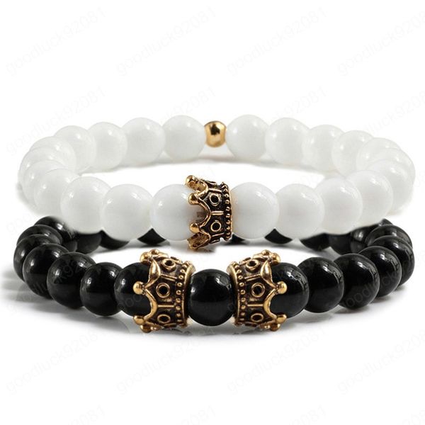 2 teile/satz Natürliche Tiger Eye Stein Paar Armbänder Stränge Frauen Charme Metall Krone Schwarz Perlen Armband Armreifen für Männer