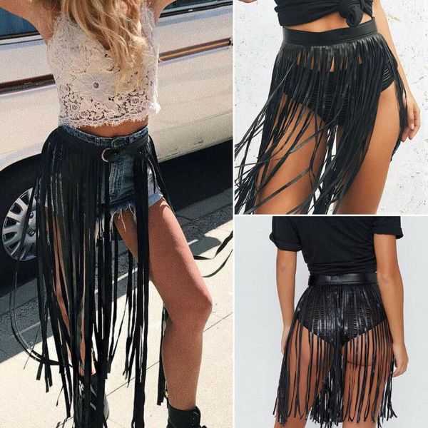 

skirts long belt fringe pu leather tassel waist skirt women fashion black belts