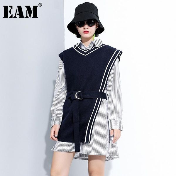 

[eam] women white striped urregular big szie blouse lapel long sleeve loose fit shirt fashion spring autumn 2021 1dc303 women's blouses