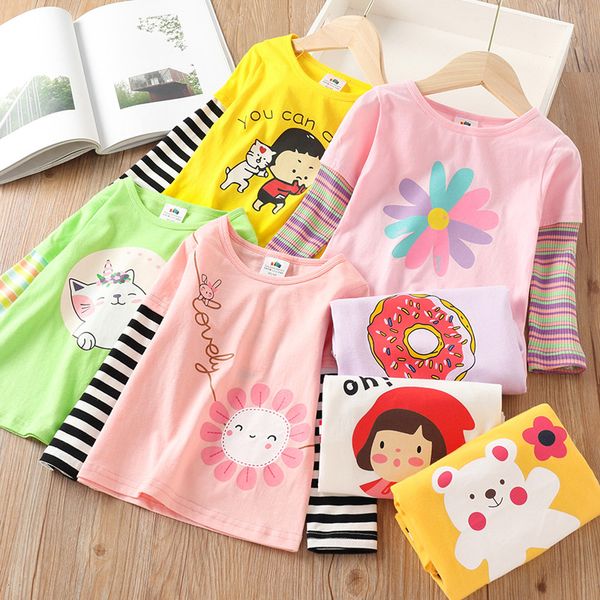 

2021 spring autumn fashion 2 3 4 5 6 7 8 910 years cute cotton striped color patchwork cartoon basic t-shirt for kids baby girls, White;black