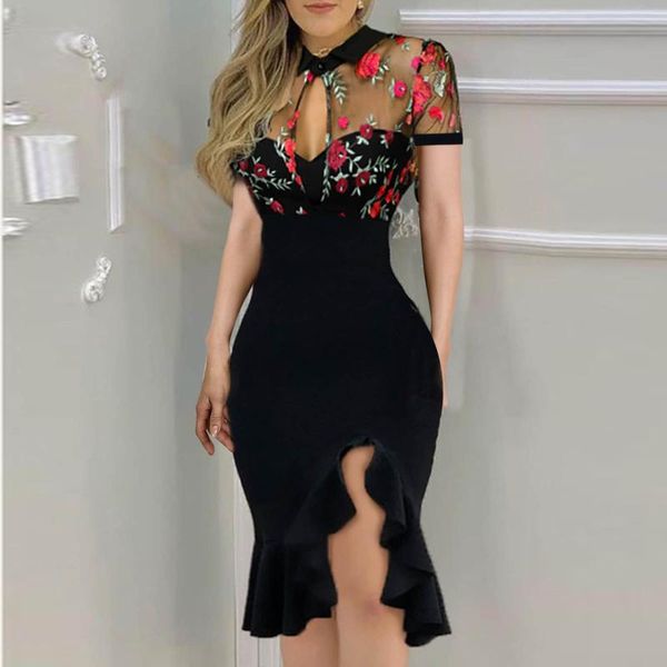 

casual dresses bodycon dress for women embroidery short sleeve sides split ruffles cocktail party summer, Black;gray