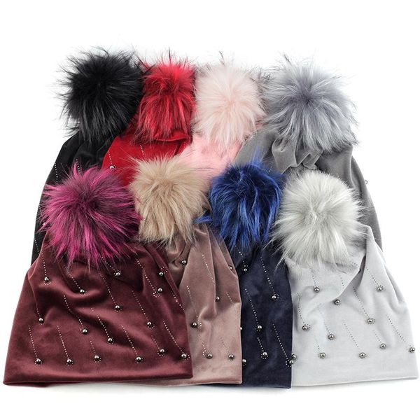 

beanie/skull caps pearls beanie hats meteor cap with 15cm faux fur pompom pullover hat skull for woman lady winter soft warm bonnet, Blue;gray