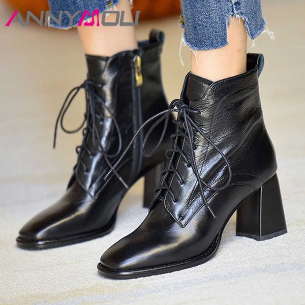 

meotina real leather high heel ankle boots women shoes square toe chunky heels zip cross tied female short boots autumn brown 210608, Black