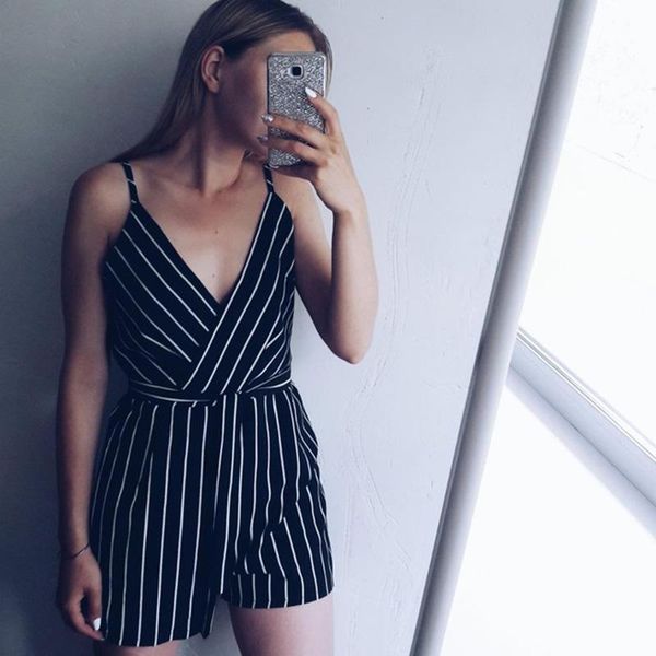

women's jumpsuits & rompers ol style slim romper women casual vertical striped summer playsuit v neck belted overalls bodysuit, Black;white