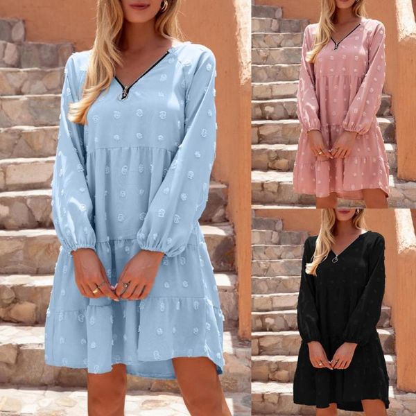 

casual dresses vintage summer women dress loose v neck ruffles holiday long sleeve elegant lady print retro streetwear slim, Black;gray