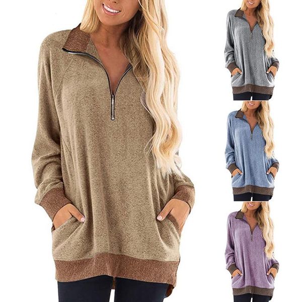 

women's blouses & shirts women spring autumn long sweatshirts womens casual sleeve v neck pockets zipper t female loose #4, White