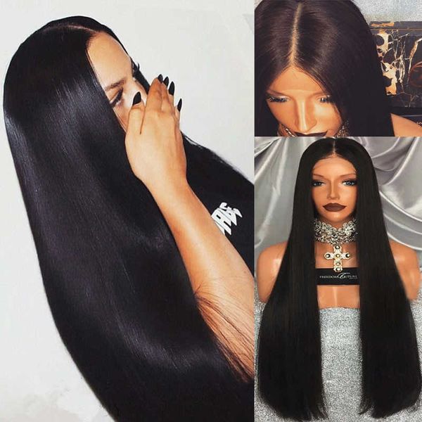 

women's long straight front lace black split wig women's chemical fiber hair cap