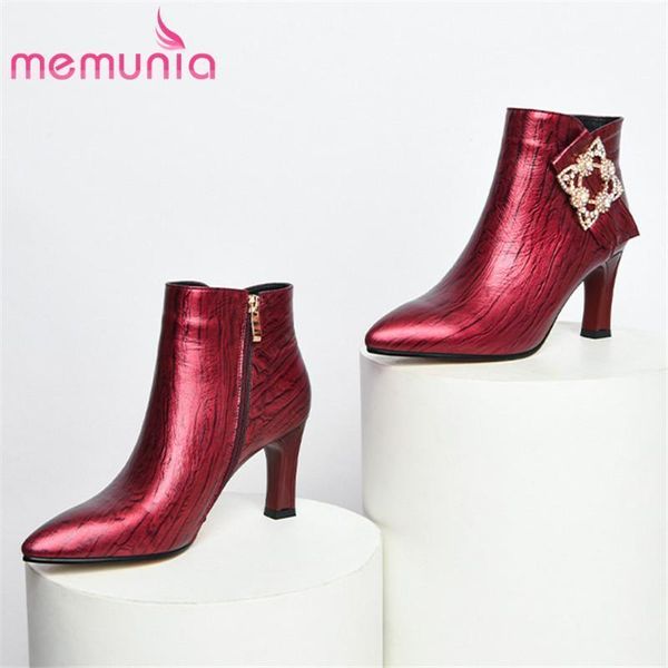

boots memunia 2021 genuine leather ankle women pointed toe crystal high heel ladies party wedding shoes11, Black