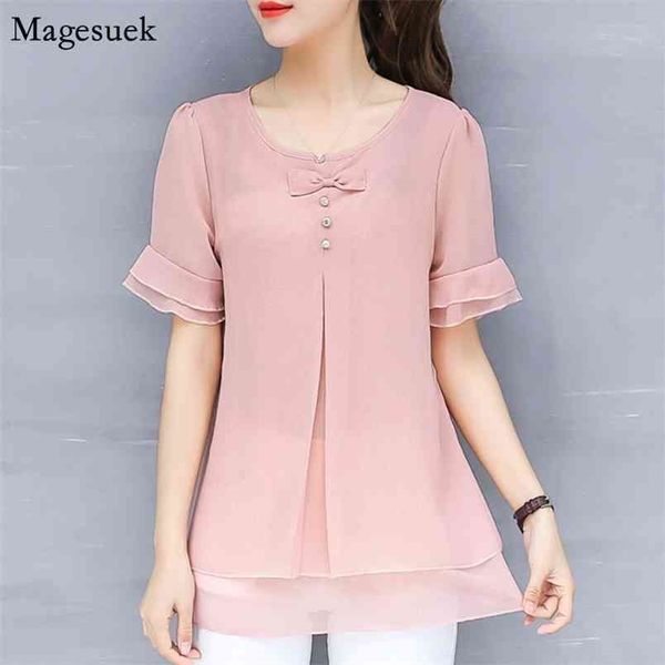 

plus size chiffon blouse women o-neck short sleeve summer and s loose slim solid female shirt 4832 210512, White