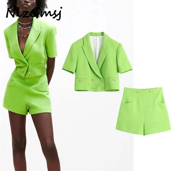 

two piece set women cropped blazer jacket with shorts suit high waist summer elegant woman 05 210628, White