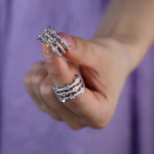 

cluster rings 3 row sliver color enagement ring paved white cz with star shape shiny jewelry for women wedding/party gift 2021 cute style, Golden;silver