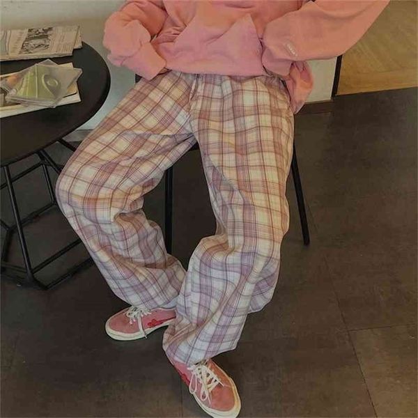 

houzhou plaid pant autumn fashion pink high waist casual loose all-match trousers harajuku harem 210915, Black;white