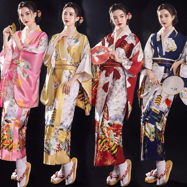 

ethnic clothing japanese style women's kimono satin robe traditional floral print yukata nightgown retro pajamas homewear haori long sl, Red