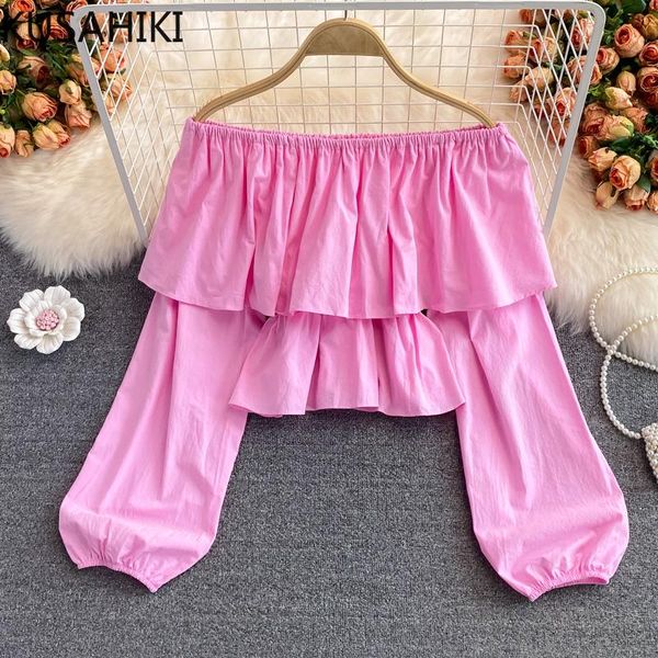 

women's blouses & shirts kusahiki 2021 autumn blouse sweet off shoulder ruffle women causal puff sleeve short blusas de mujer 6z231, White