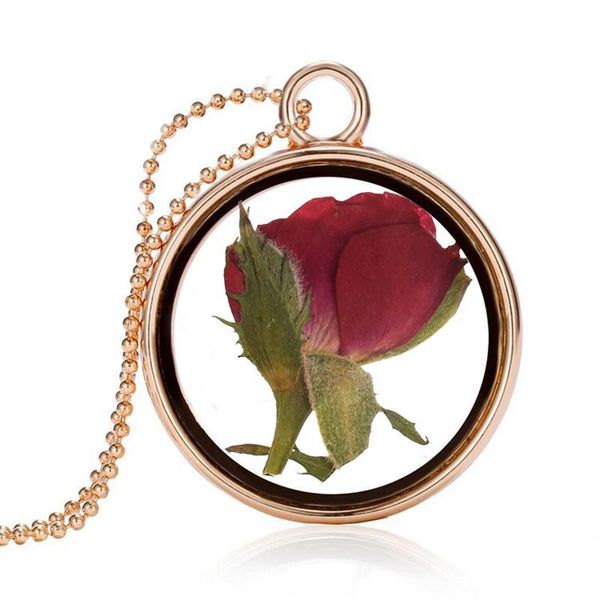 

pendant necklaces houbian crystal glass dried flower necklace red rose for women, Silver