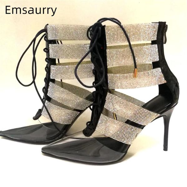

dress shoes luxury drill rhinestone gladiator high heels women thin heel point toe cross-tied cut outs pvc pumps, Black