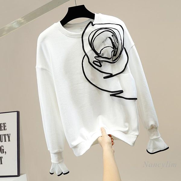 

women's hoodies & sweatshirts three-dimensional flower women round neck pullover bell sleeve female lady's sweatshirt white black