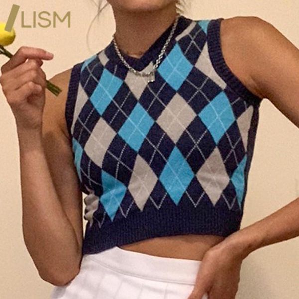 

women's vests lism geometric woman knitted sweaters vest autumn spring v-neck sleeveless pullover jumper womens outerwear female, Black;white