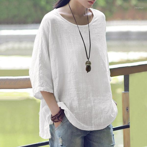 

women's blouses & shirts 40# womens and solid color cotton linen o neck long sleeve pullover blouse women vintage casual roupas, White