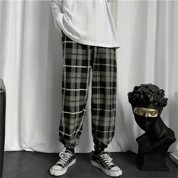 

japanese loose cropped pants harajuke plaid casual autumn korean elastic waist wide leg pant men's, Black
