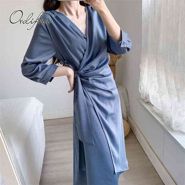 

summer elegant women satin dress long sleeve draped belted silk tunic party plus size 4xl 210513, Black;gray