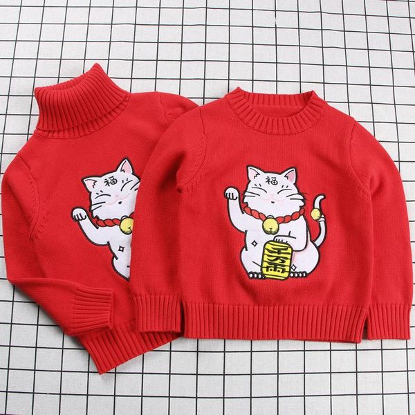 

winter year red family matching outfits lucky cat sweaters mother & kids girl boys shirts turtleneck look clothing, Blue