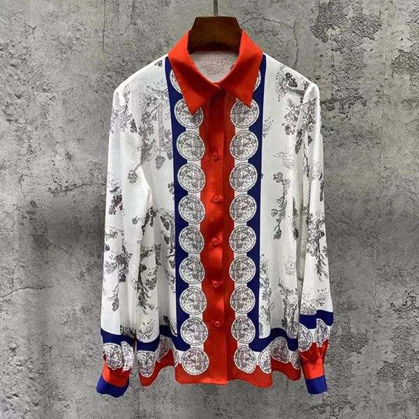 

women's blouses & shirts fashion designer 2021 autumn 100% silk shirt women long sleeve location printing single breasted, White