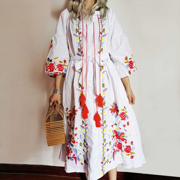 

women's tanks & camis lantern long sleeve midi women dresses white cotton floral embroidery dress casual party vestidos tunic robe 6qtx
