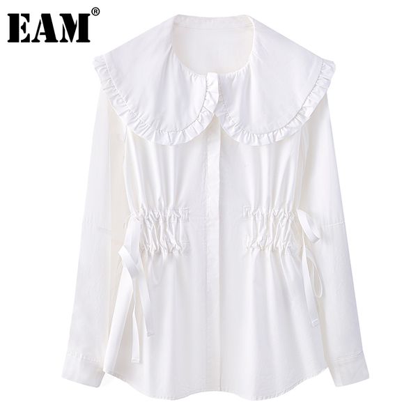 

[eam] women white bow drawstring blouse peter pan collar long sleeve loose shirt fashion spring autumn 1dd6939 21512