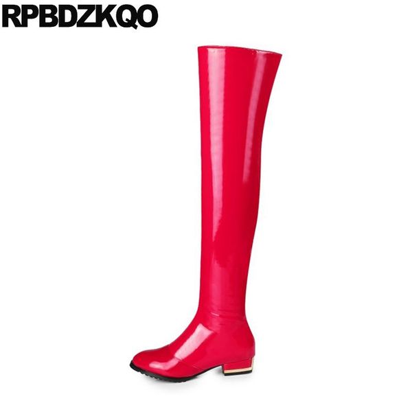 

boots red metal tall patent leather big size shoes over the knee long 41 13 45 thigh high for plus women 12 44 chunky fashion, Black